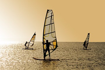 Image showing Silhouettes of three windsurfers on waves of a gulf