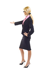 Image showing businesswoman welcoming or presenting