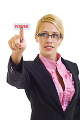 Image showing no captionyoung business woman presses key, on white - POWER