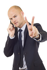 Image showing businessman on the phone making his victory sign