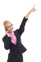 Image showing  businesswoman with mobile phone winning