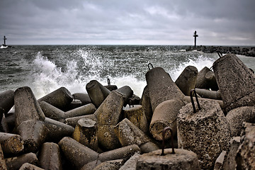 Image showing breakwater during autumn stormy day