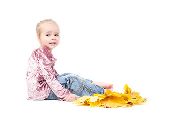 Image showing Toddler with maple leaves