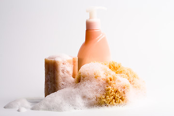 Image showing soap, natural sponge and shower gel