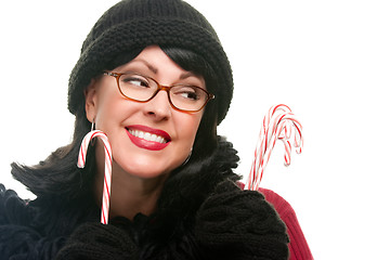 Image showing Pretty Woman Holding Candy Canes