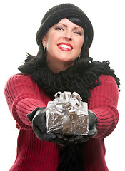 Image showing Pretty Woman Offering Holiday Gift