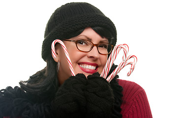 Image showing Pretty Woman Holding Candy Canes