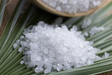 Image showing bath salt and palm leaf