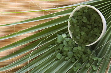 Image showing bath salt and palm leaf