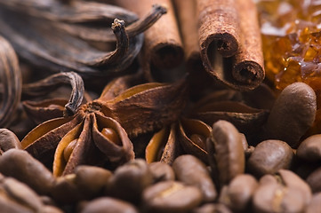 Image showing aroma coffe. ingredients. coffe beens, anise, vanilla, cinnamon,