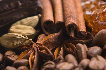 Image showing aroma coffe. ingredients. coffe beens, anise, chocolate, cardamo