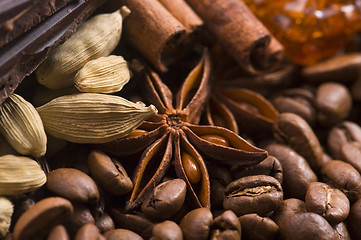 Image showing aroma coffe. ingredients. coffe beens, anise, chocolate, cardamo