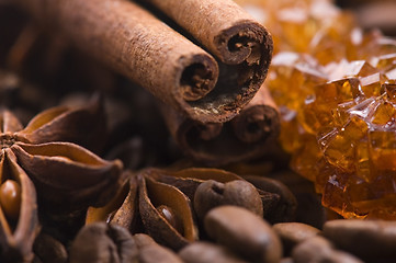 Image showing aroma coffe. ingredients. coffe beens, anise, cinnamon, sugar