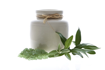 Image showing fresh olive branch and bath salt. spa