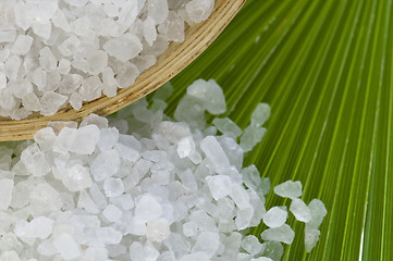 Image showing bath salt and palm leaf