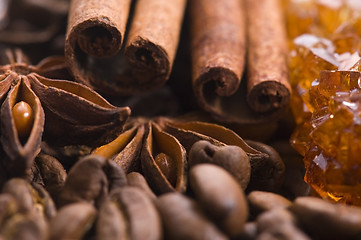 Image showing aroma coffe. ingredients. coffe beens, anise, cinnamon, sugar