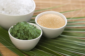 Image showing bath salt and palm leaf