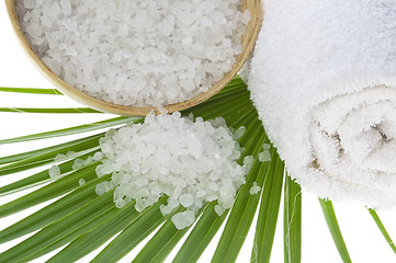 Image showing bath salt and palm leaf