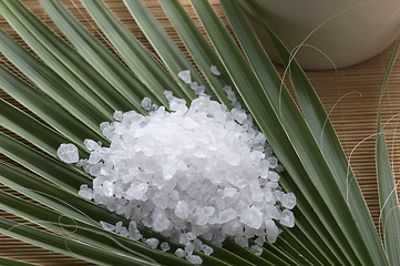 Image showing bath salt and palm leaf