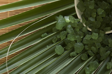 Image showing bath salt and palm leaf