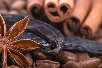 Image showing aroma coffe. ingredients. coffe beens, anise, vanilla, cinnamon