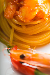 Image showing pasta and spicy shrimps