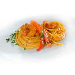 Image showing pasta and spicy shrimps