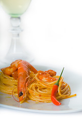 Image showing pasta and spicy shrimps