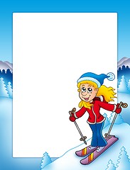 Image showing Frame with cartoon skiing woman