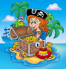 Image showing Pirate girl and treasure