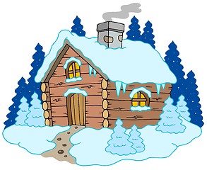 Image showing Wooden cottage in winter landscape