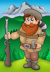 Image showing Cartoon trapper with mountains