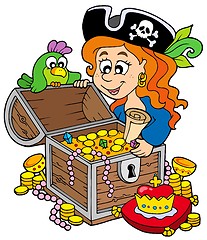 Image showing Pirate woman opening treasure chest