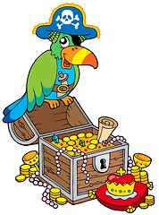 Image showing Big treasure chest with pirate parrot