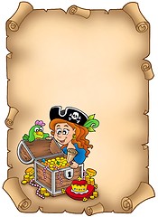 Image showing Parchment with pirate girl and treasure