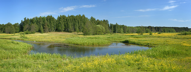 Image showing Landscape with a stream - a panorama.
