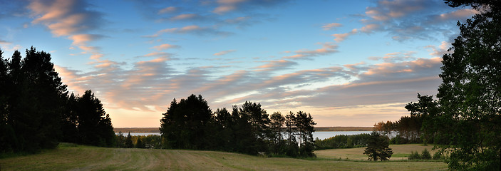 Image showing Sunset over lake - a panorama