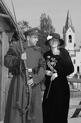 Image showing Retro style picture with woman and soldier