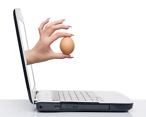 Image showing hand with egg and laptop