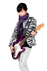 Image showing Asian woman with purple guitar