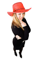 Image showing Blond woman making decision in red cowboy hat