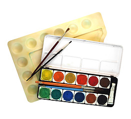 Image showing Painting color palette and brushes