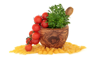 Image showing Pasta, Tomatoes and Basil Herb