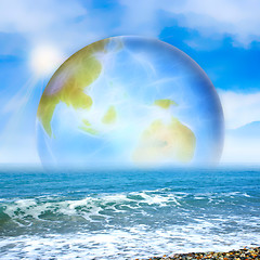 Image showing abstract scene with planet and sea beach