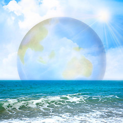 Image showing abstract scene with planet and sea beach