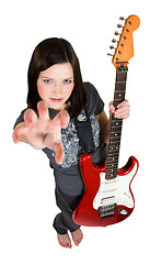 Image showing frighten woman with red guitar