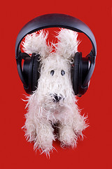 Image showing cute white toy dog in headphones