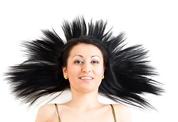Image showing Woman with long black hair calm and smiling