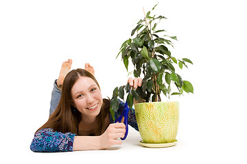 Image showing Woman laying on the floor cutting plant