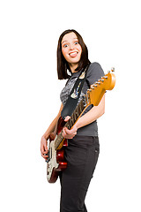 Image showing Woman playing on electric guitar